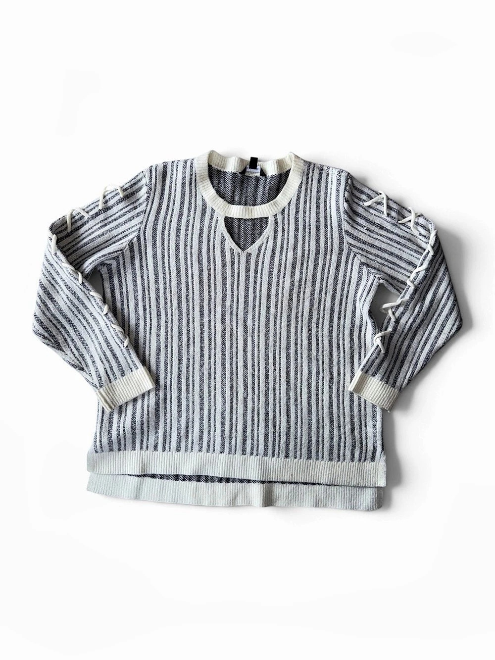 ROCK & REPUBLIC Striped Lace-Up Sweater White & Black Size XL